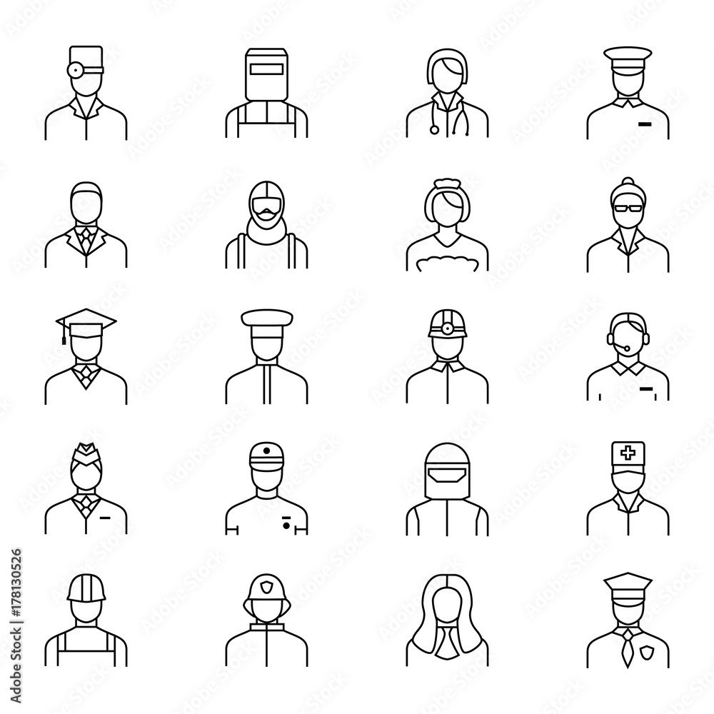 People Avatars Characters Staff Black Thin Line Icon Set. Vector People Avatars Characters Staff Black Thin Line Icon Set. Vector