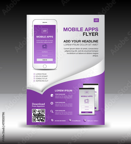 Mobile Apps Flyer template. Business brochure flyer design layout. smartphone icons mockup. application presentation. Magazine ads. purple cover. poster. leaflet. infographics. advertisement. A4 size photo