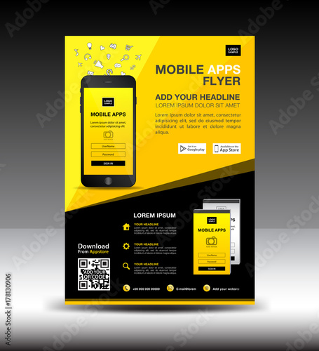 Mobile Apps Flyer template. Business brochure flyer design layout. smartphone icons mockup. application presentation. Magazine ads. orange cover. poster. leaflet. infographics. advertisement.A4 size