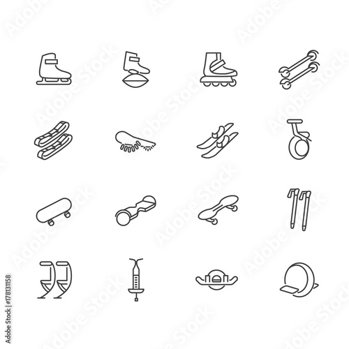 Individual sports devices as line icons / Devices for walking, jumping and rolling
