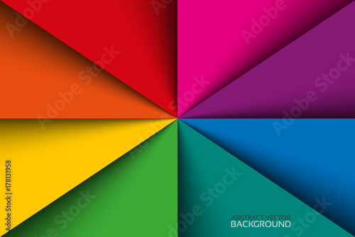 Colorful rainbow triangles background with shadows, colorful papers vector template, spectrum pattern