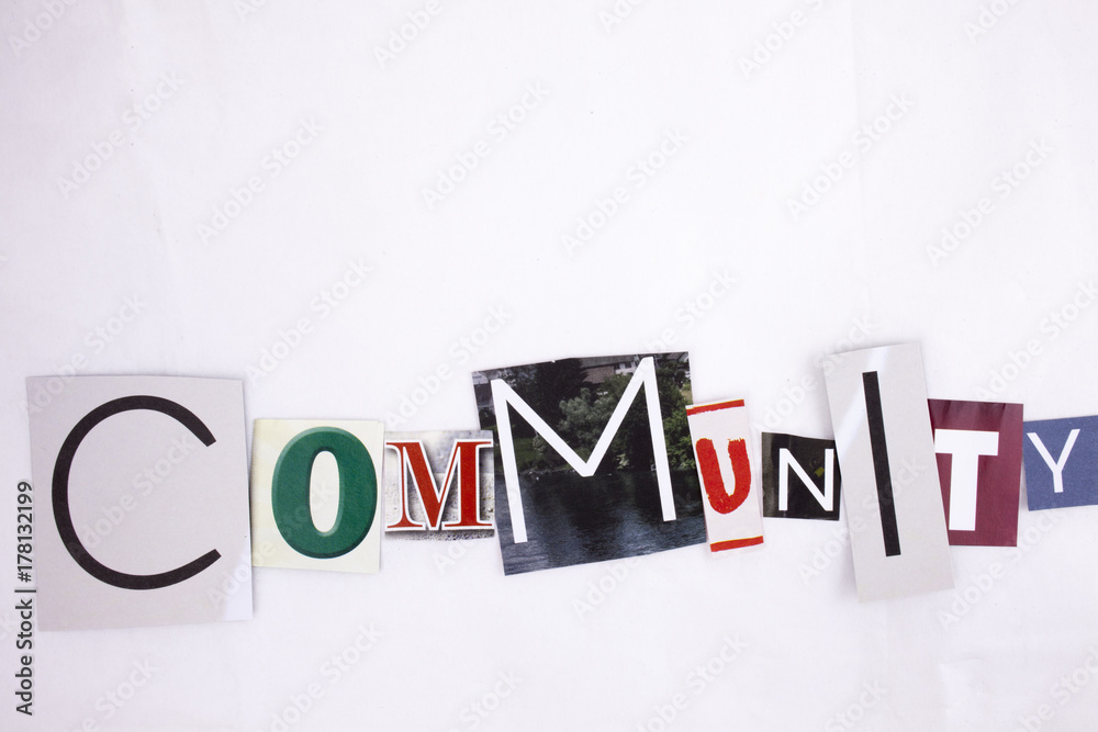 Obraz premium A word writing COMMUNITY made of different magazine newspaper letter magazine different letters for Business concept