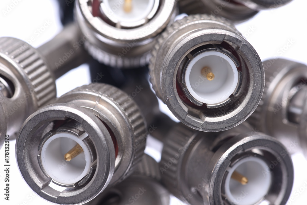 Closeup of bunch bnc connectors isolated on white background Closeup of bunch bnc connectors isolated on white background