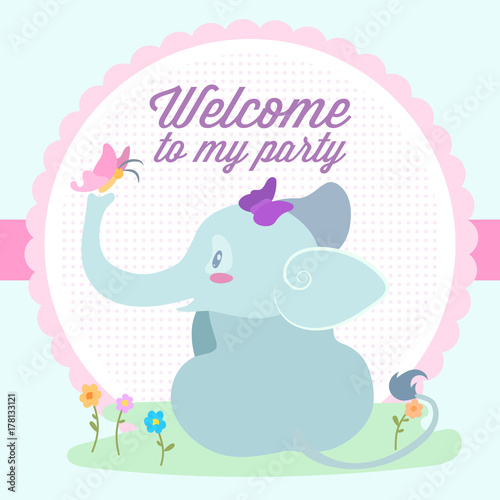 Beautiful hand drawn illustration with a baby girl elephant sitting in a meadow with flowers with a bow tie and a butterfly . Can be used for posters, baby shower, party invitation, child illustration