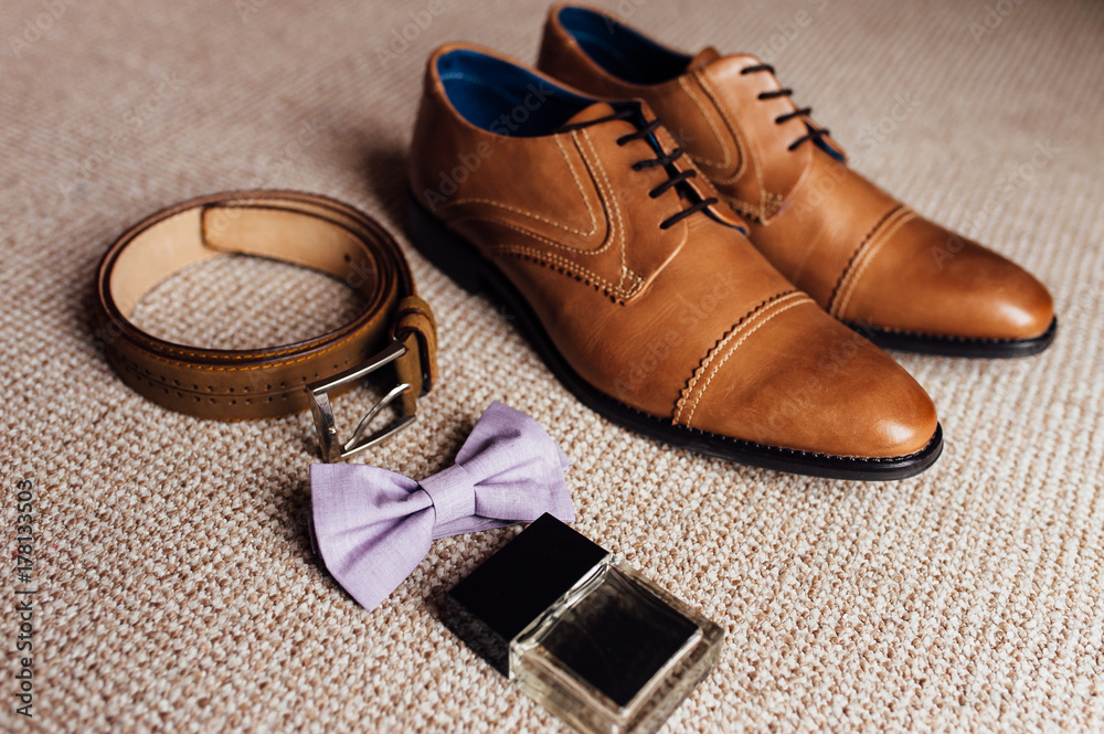 groom set clothes. Wedding shoes, bow tie, phone groom set clothes. Wedding shoes, bow tie, phone
