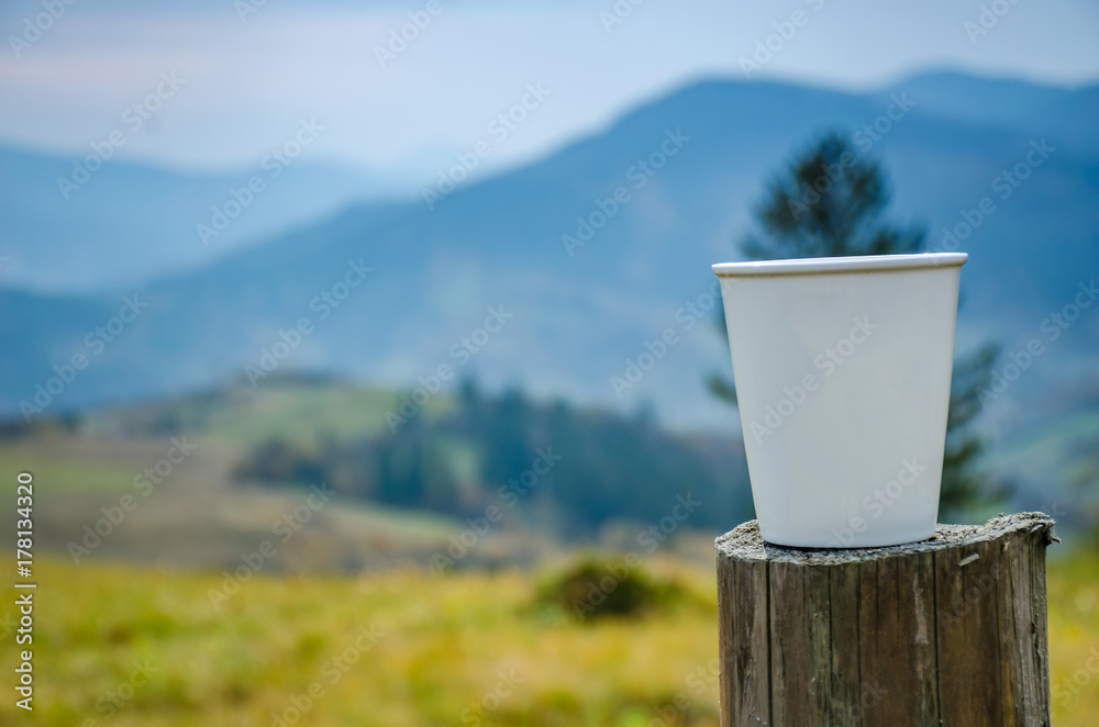 Cup and bottle on the carpathian mountains background