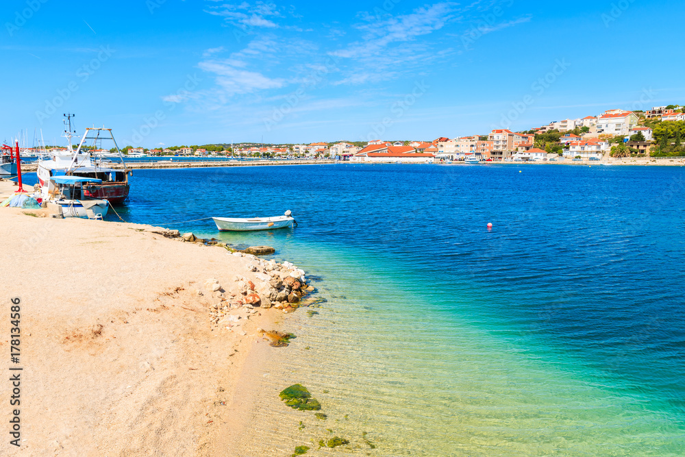 View of beautiful beach in Rogoznica town, Dalmatia, Croatia View of beautiful beach in Rogoznica town, Dalmatia, Croatia