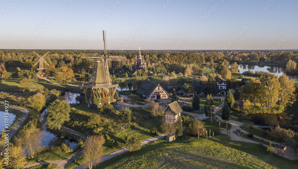 Aerial view of windmills in the openair museum in Gifhorn, Germany