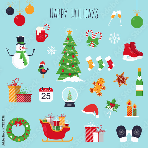 Christmas Icons Set. Flat Design Style. 