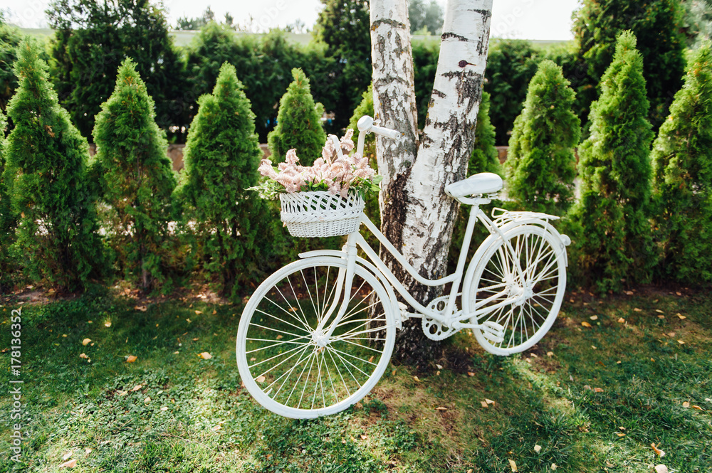 Wedding decor with white bicycle and flowers