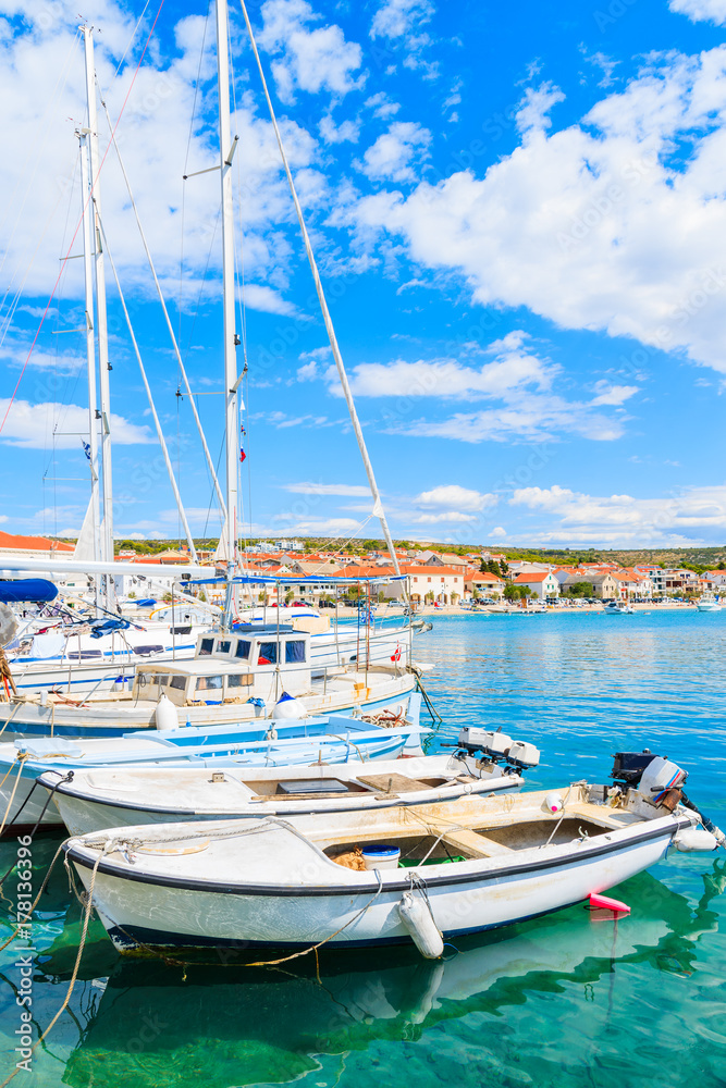Fishing boats in Primosten port on sunny summer day, Dalmatia, Croatia