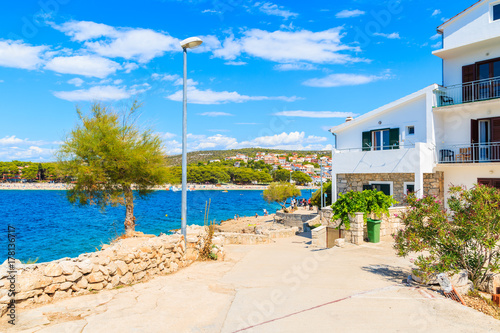 Coastal path along sea in Primosten old town, Dalmatia, Croatia