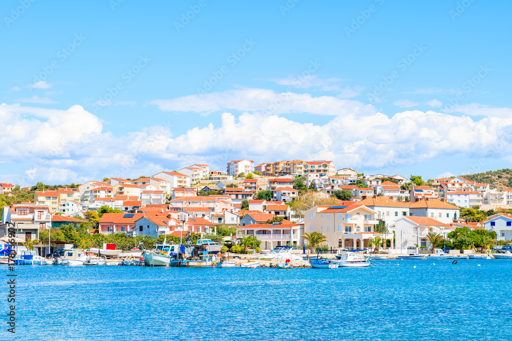 View of colorful houses in Rogoznica town, Dalmatia, Croatia