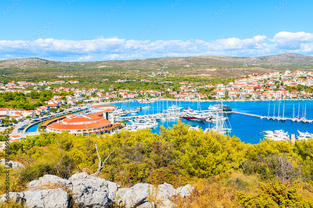 View of marina with sailing boats in Rogoznica town from high vantage point, Dalmatia, Croatia