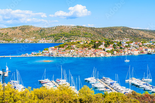 View of Rogoznica old town with sailing boats from high vantage point, Dalmatia, Croatia