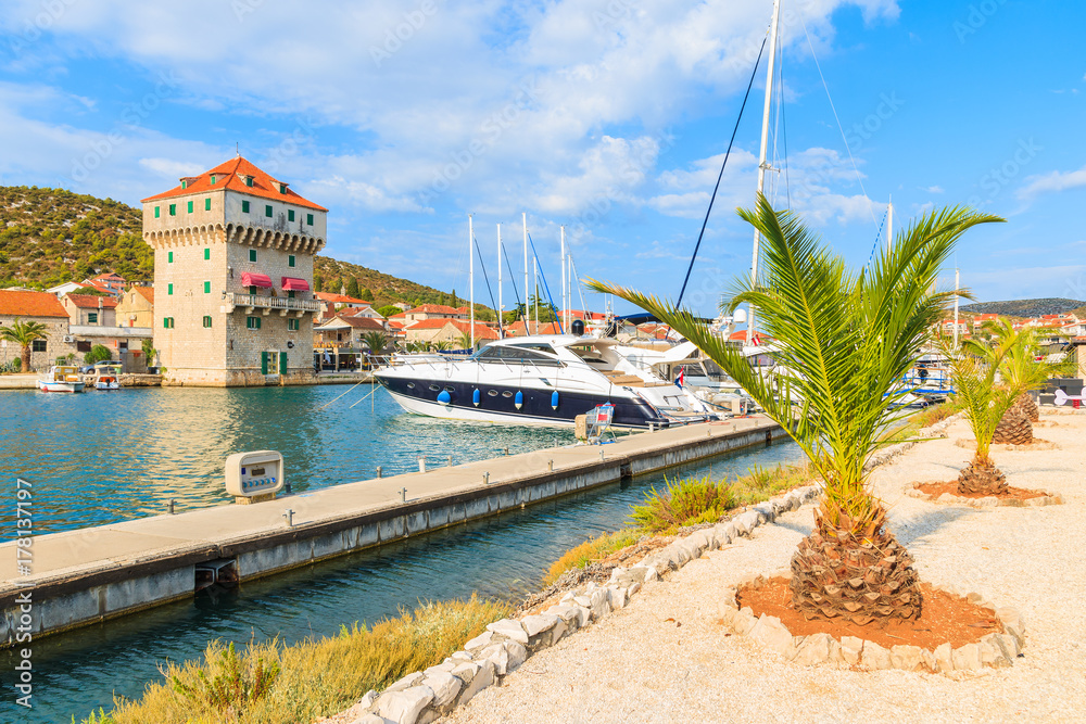 Sailing and motor boats in marina Agana near Trogir town, Croatia