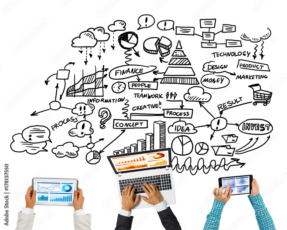 Top view of businesspeople using gadgets on white background Top view of businesspeople using gadgets on white background