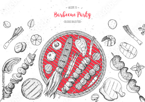 Grilled meat and vegetables top view frame. Vector illustration. Engraved design. Hand drawn illustration. Grill restaurant menu design template. Food on the grill.