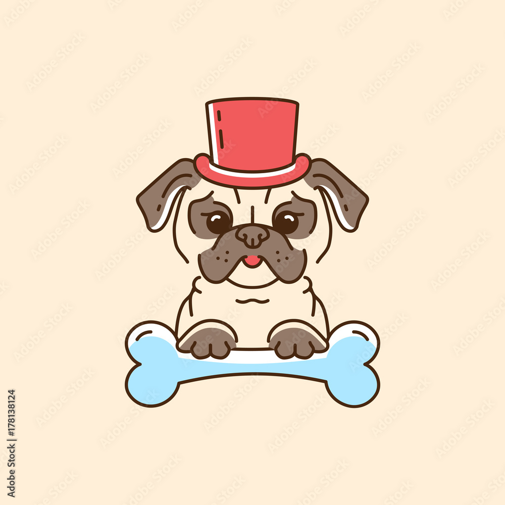 Pug gentleman Cartoon pug-dog in the hat and with a bone. Cute Dog line thin icon, Vector flat illustration