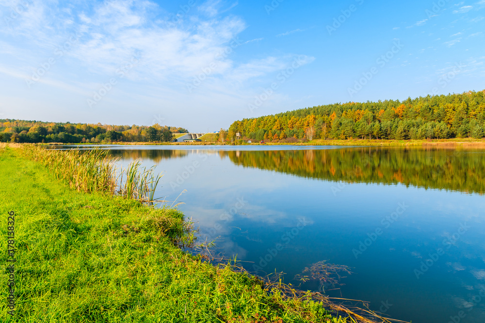 Reflection of colorful trees in small lake in autumn season, Poland