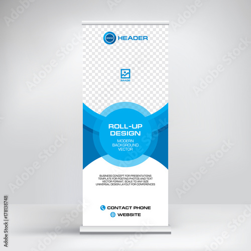 Banner roll-up, stand vector, graphic template for exhibition, conference, accommodation advertising information and photos. Business concept, vector background