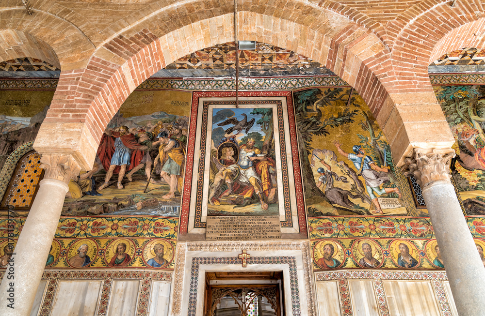 Mosaic decoration over the entrance to Palatine Chapel of the Royal Palace in Palermo.