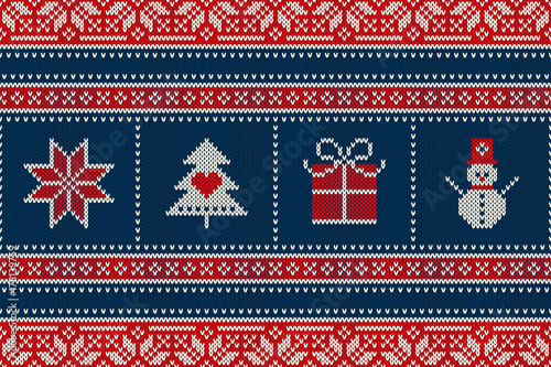 Winter Holiday Seamless Knitted Pattern with a Snowman, Snowflake, Present Box and Christmas Tree. Wool Knitting Sweater Design