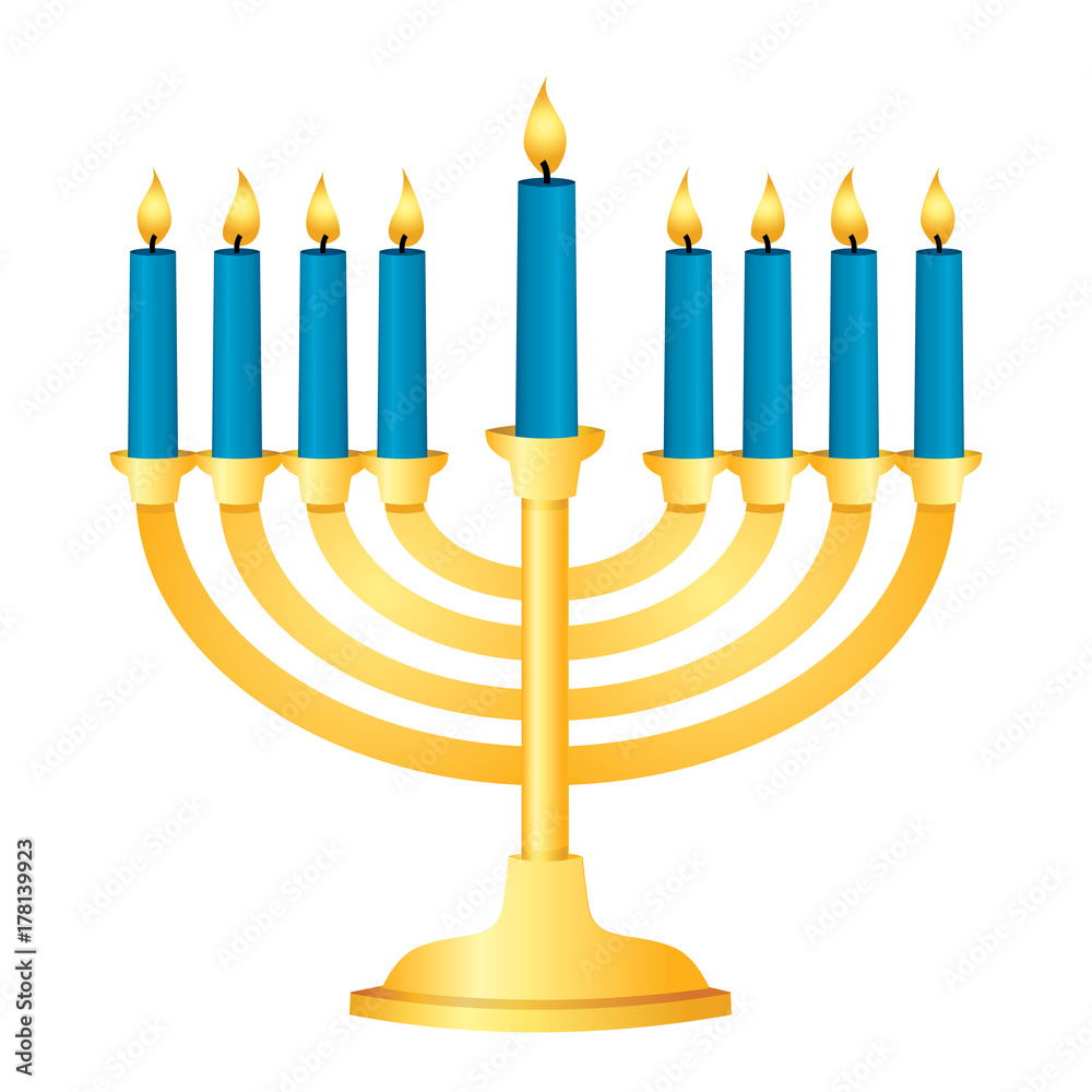 A shiny gold Menorah with blue candles all lit for Chanukah A shiny gold Menorah with blue candles all lit for Chanukah