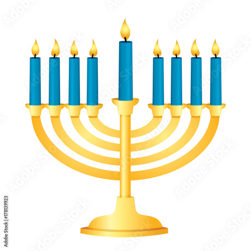 A shiny gold Menorah with blue candles all lit for Chanukah