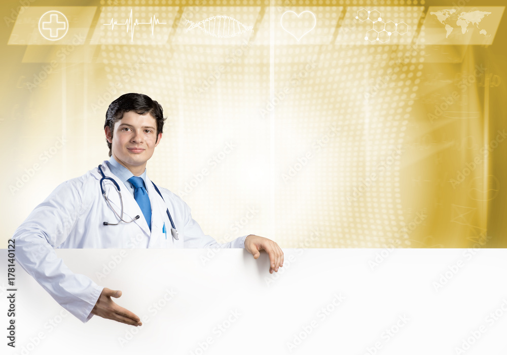 Doctor with banner Doctor with banner
