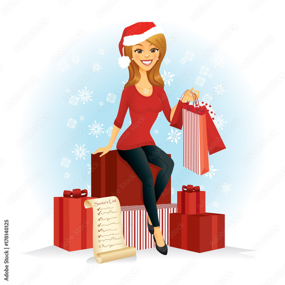 Φωτογραφία A smiling cartoon woman in a Santa hat with shopping bags, Christmas gifts and a