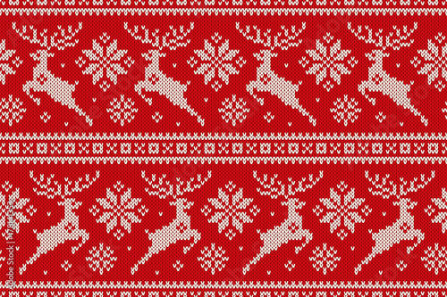 Winter Holiday Seamless Knitted Pattern with Christmas Reindeer and Snowflakes. Wool Knitting Sweater Design