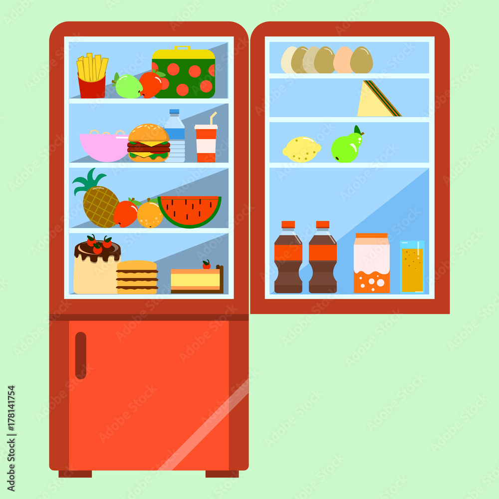 Open red refrigerator with food. Flat style vector illustration eps10