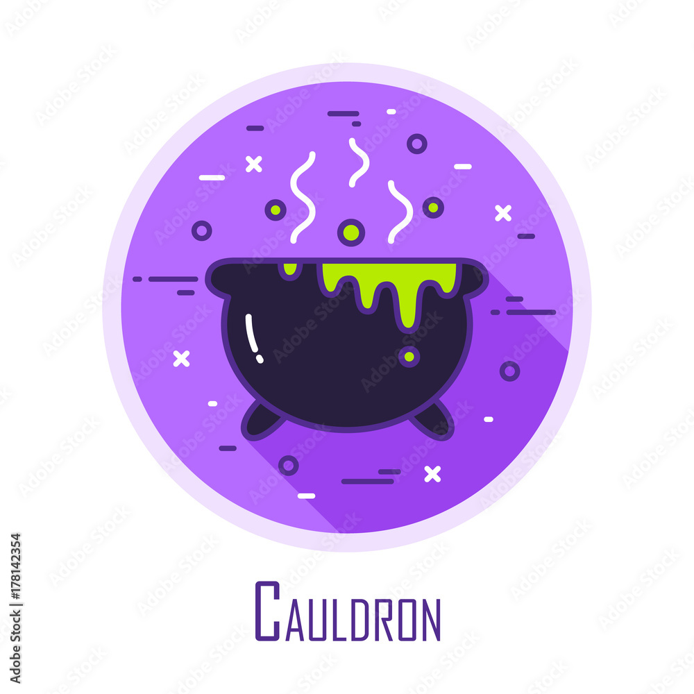 Icon with cauldron in a coloured circle. Thin line flat design. Vector Halloween card. Icon with cauldron in a coloured circle. Thin line flat design. Vector Halloween card.