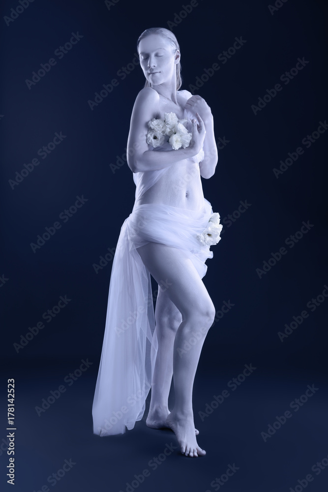 Naklejka premium Beautiful young woman with amazing body-art as Virgo on dark background. Zodiac signs concept