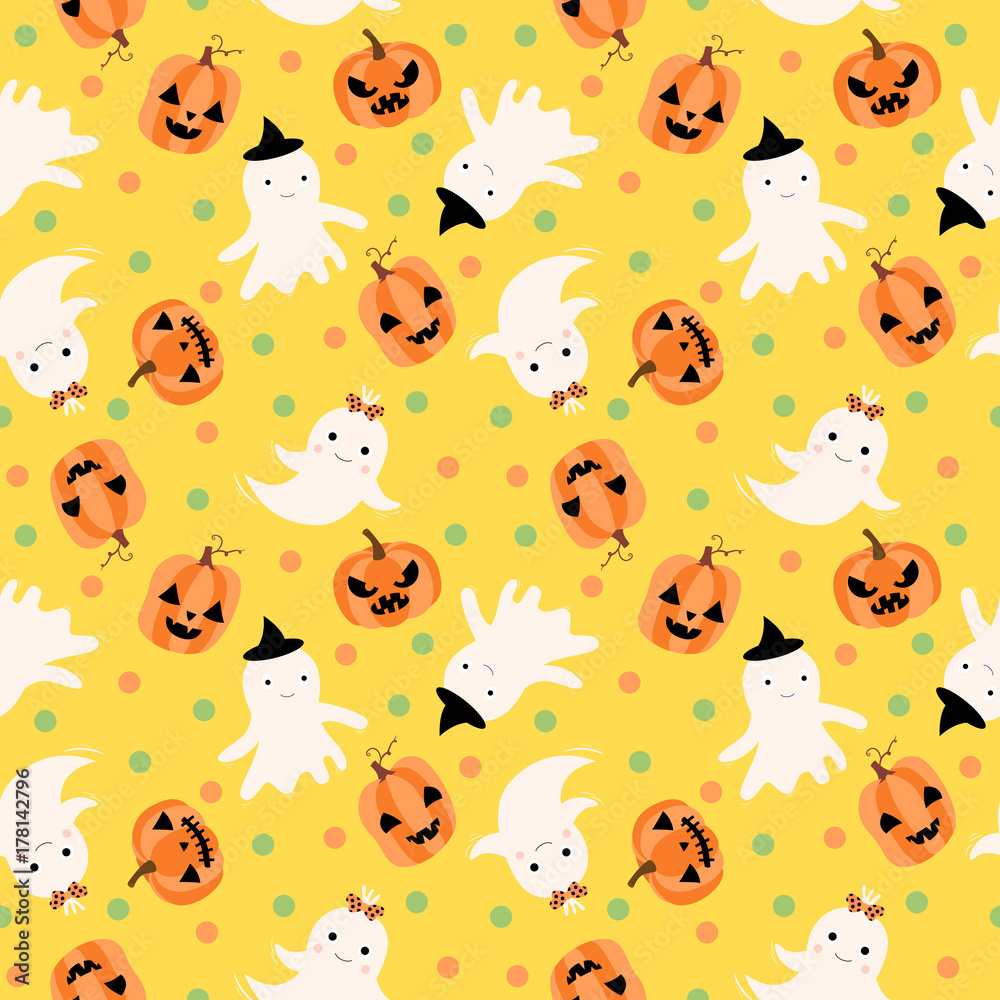 Cute vector seamless pattern for Halloween with ghosts and pumpkins on yellow  background Stock Vector | Adobe Stock