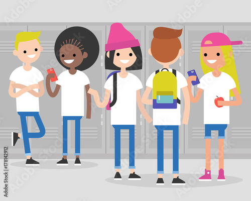 Break at school. Conversation. Front and rear views of teenagers at school corridor. Multiracial friends. Millennials at school. Generation z / flat editable vector illustration, clip art