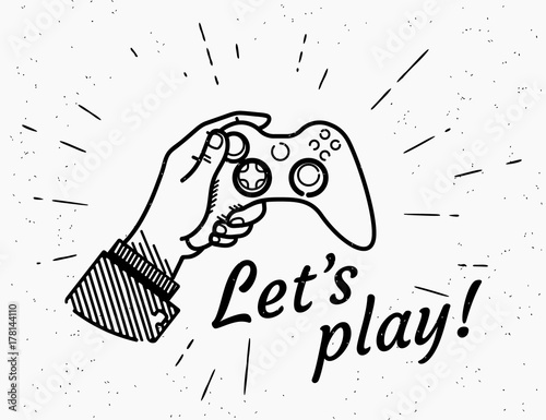 Lets play game console retro illustration of vintage stylized human hand holds play station. Vintage design with handwritten hipster typography on grunge background with sun burst rays