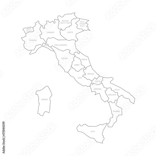 Map of Italy divided into 20 administrative regions. White land, black borders and black labels. Simple flat vector illustration.