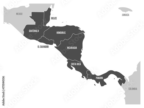 Map of Central America region with dark gray highlighted central american states. Country name labels. Simple flat vector illustration. photo