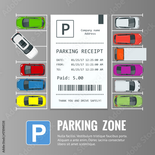 Cars in the parking lot and Parking tickets. Public car-park. Flat illustration for web. Urban transport. Large number of cars in a crowded parking.