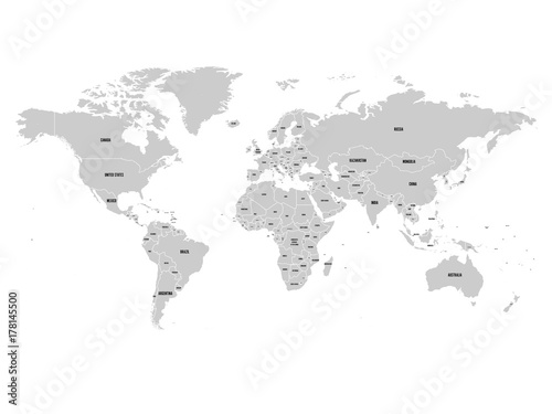 Political map of world with Antarctica. Grey land, white borders on white background. Black labels of states and significant dependent territories names. High detail vector illustration.