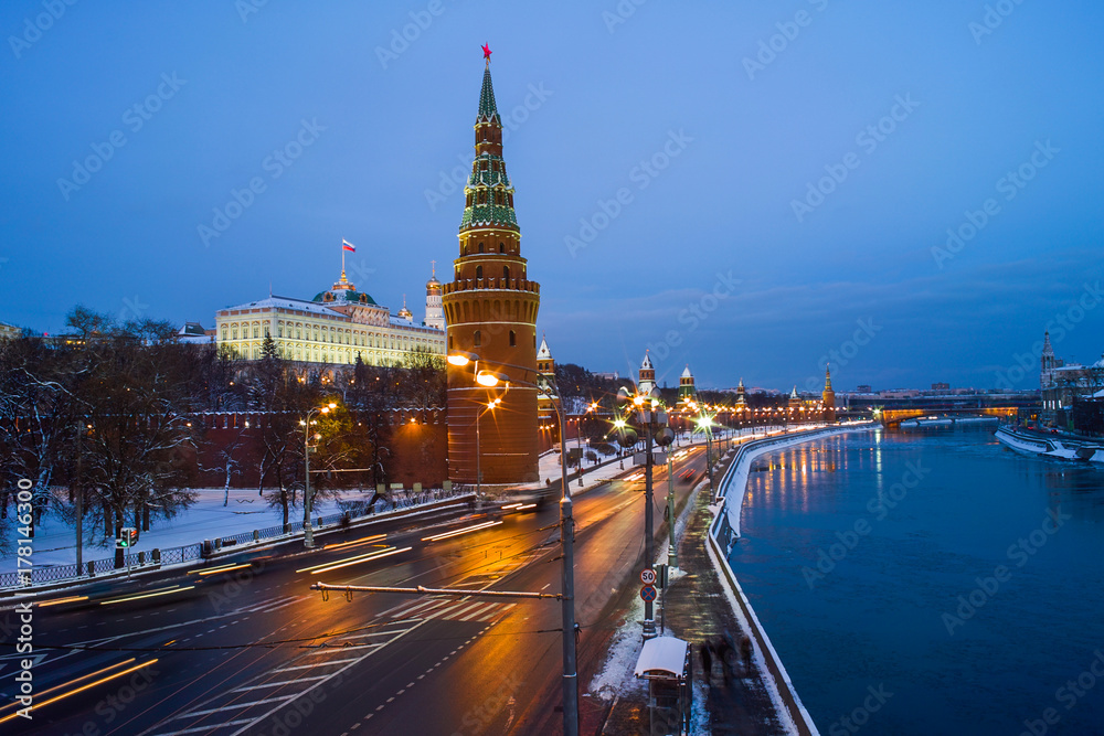 Moscow kremlin view from Moskva river at winter evening, Russia