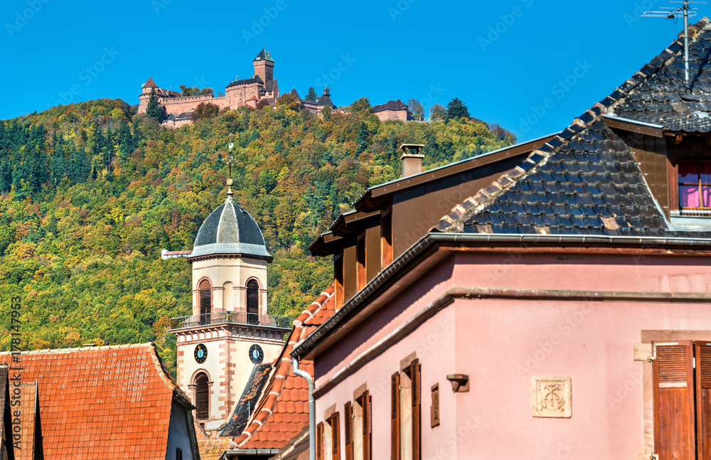 Saint-Hippolyte village with Haut-Koenigsbourg castle on top of a mountain - Alsace, France