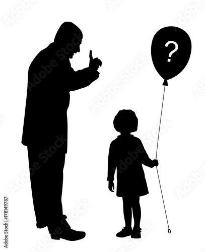 Father scolds. Child does not understand and holds balloon with question mark.