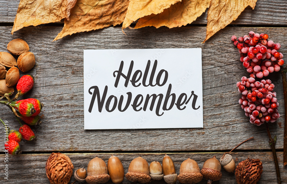Hello november. frame of autumn decor Poster card with sunlight filter and toned grunge image  - obrazy, fototapety, plakaty 