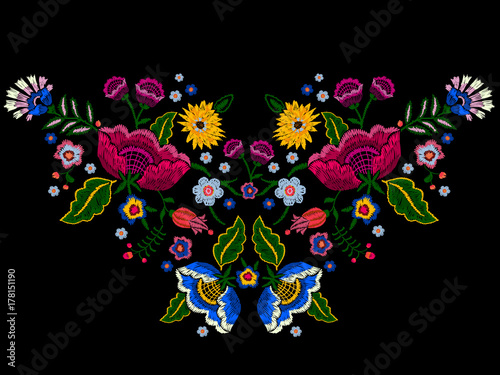 Embroidery native neckline pattern with simplify flowers. Vector embroidered traditional floral design for fashion wearing.
