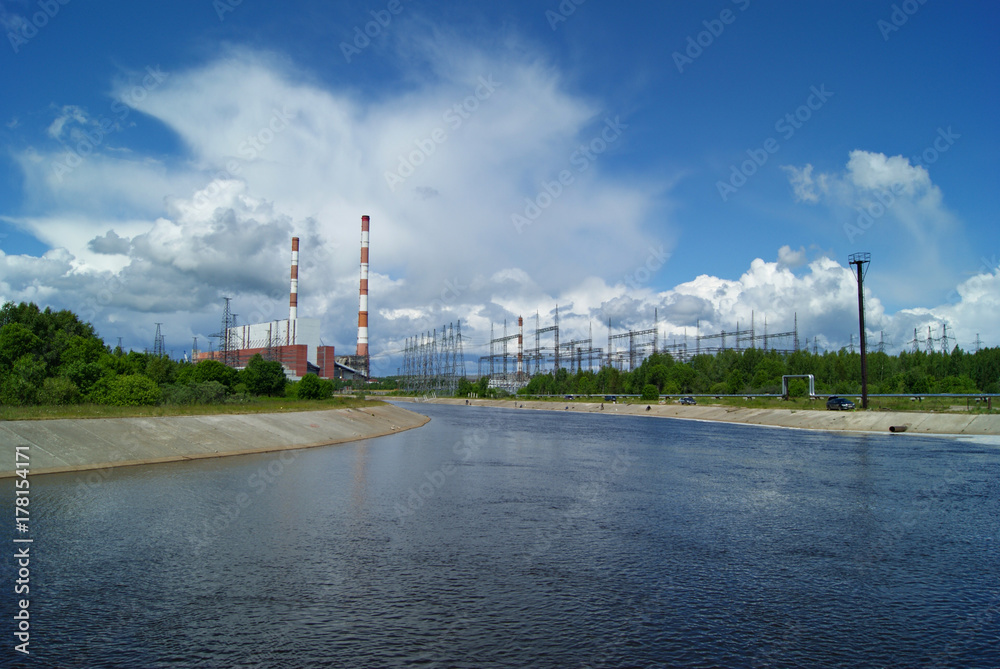 RUSSIA, PERM - JUNE 12, 2015: spillway and building of machine room on thermal power station in Dobryanka, Perm Krai