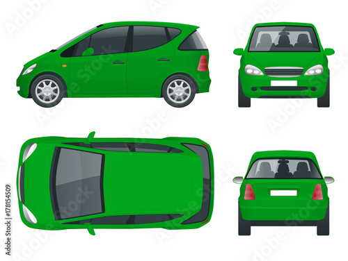 Small Compact Electric vehicle or hybrid car. Eco-friendly hi-tech auto. Easy color change. Template vector isolated on white View front, rear, side, top