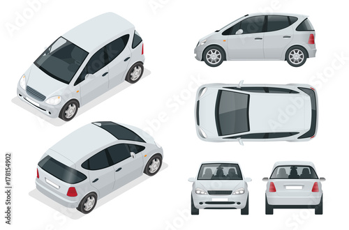 Small Compact Electric vehicle or hybrid car. Eco-friendly hi-tech auto. Easy color change. Template vector isolated on white View front, rear, side, top and isometric